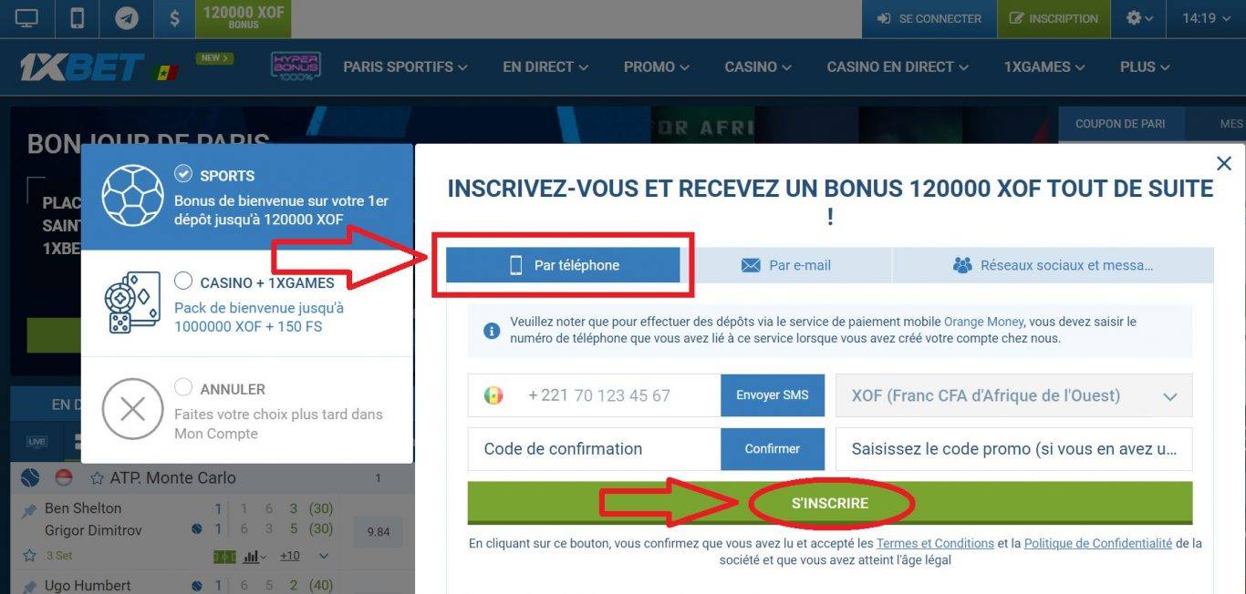 1xBet Inscription Sénégal Par numéro de téléphone