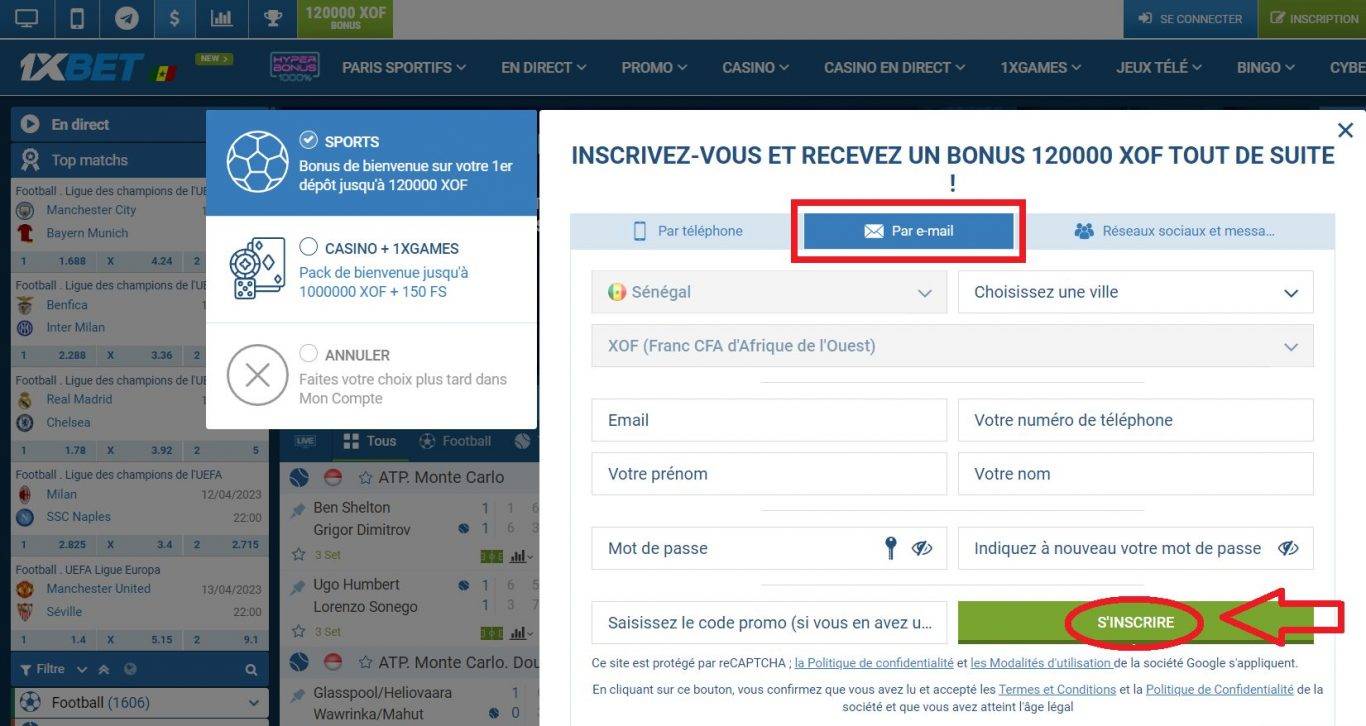 1xBet Inscription Sénégal Par email