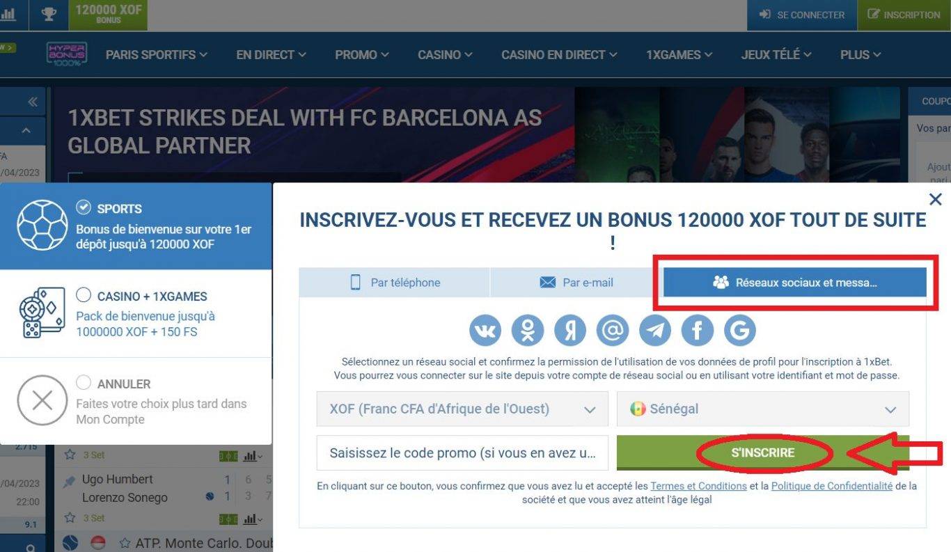 1xBet Inscription Sénégal Via les réseaux sociaux